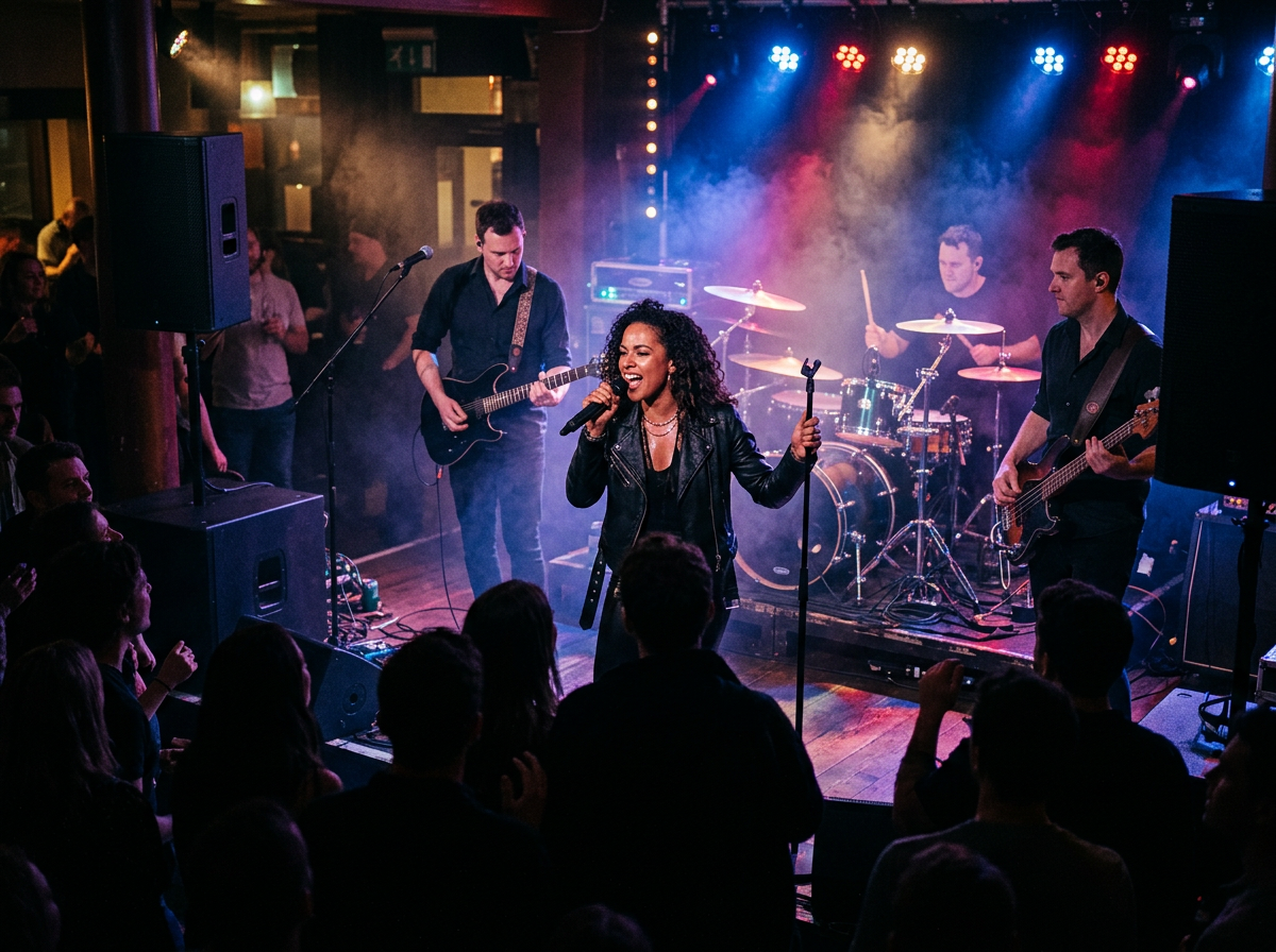 Live band on a pub stage with wireless microphone, in-ear monitors and stage lighting