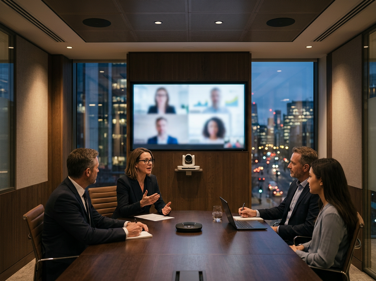 Boardroom hybrid meeting with PTZ camera under a video-call screen
