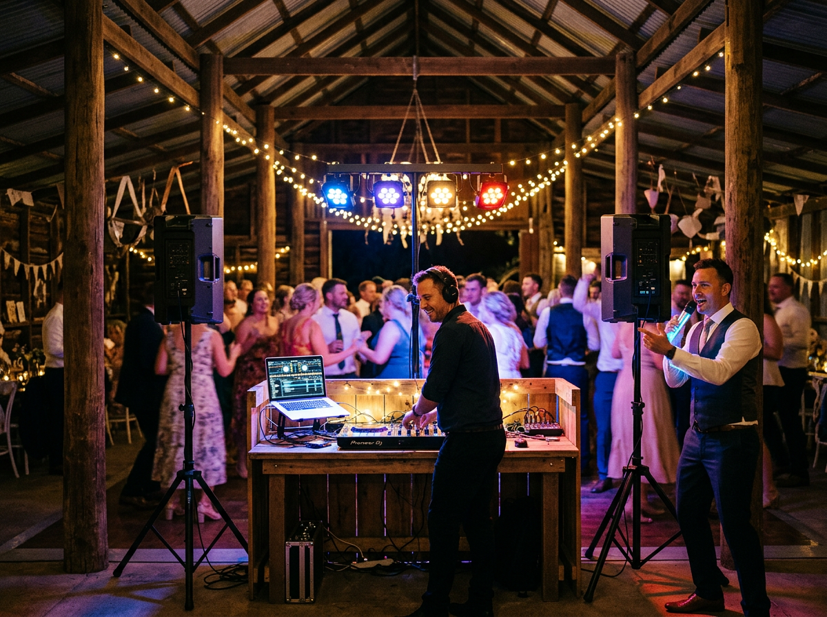 Wedding reception DJ booth with PA speakers, LED lighting and dancing guests