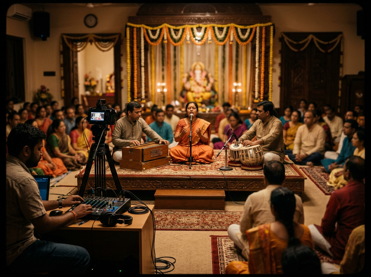 Temple devotional music programme with seated musicians, microphones and live-stream camera