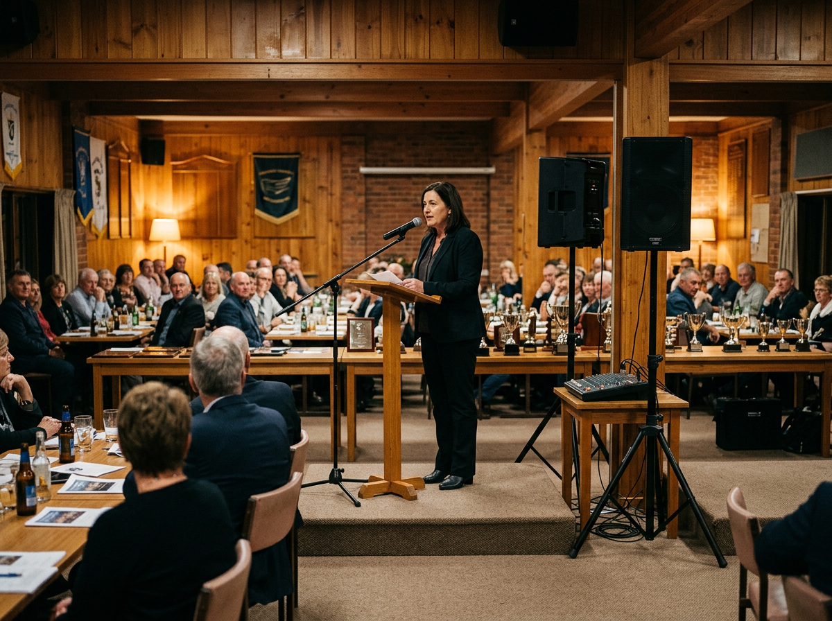 Club presentation night with a speaker at a lectern and PA speakers on stands