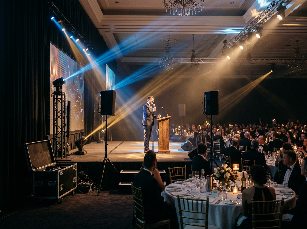 Function centre gala with presenter at a lectern, moving-head stage lights and PA speakers