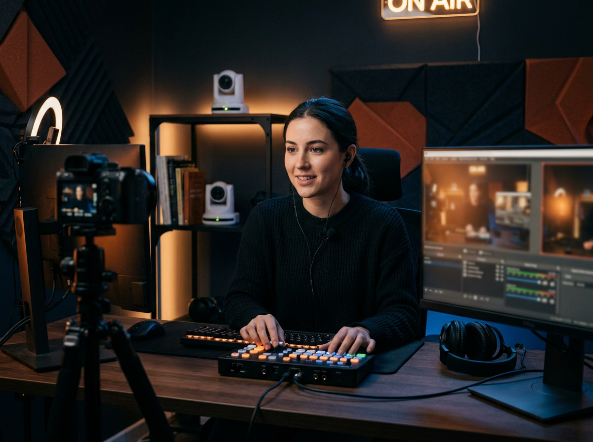 Streaming studio with lapel microphone, live production switcher and PTZ camera