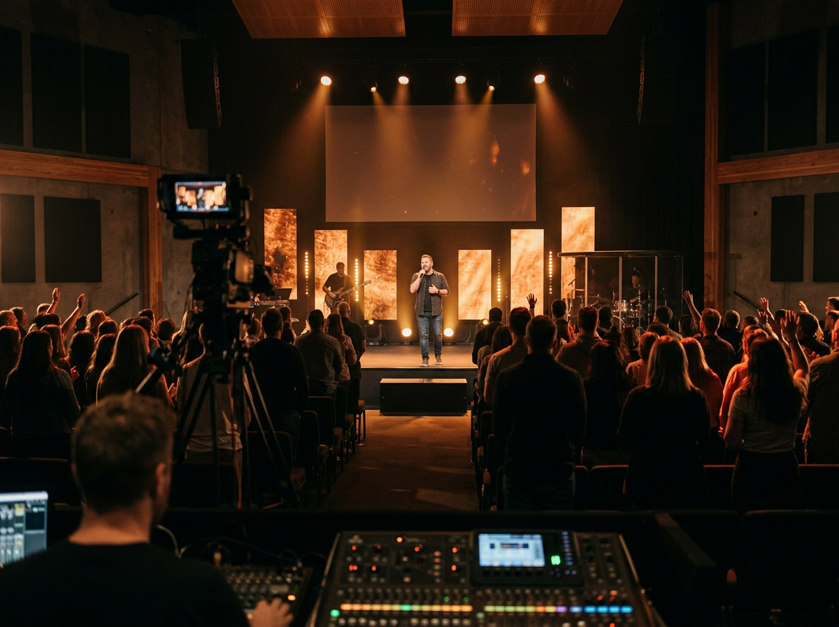 Church worship service with wireless microphone, stage lighting and live-stream camera