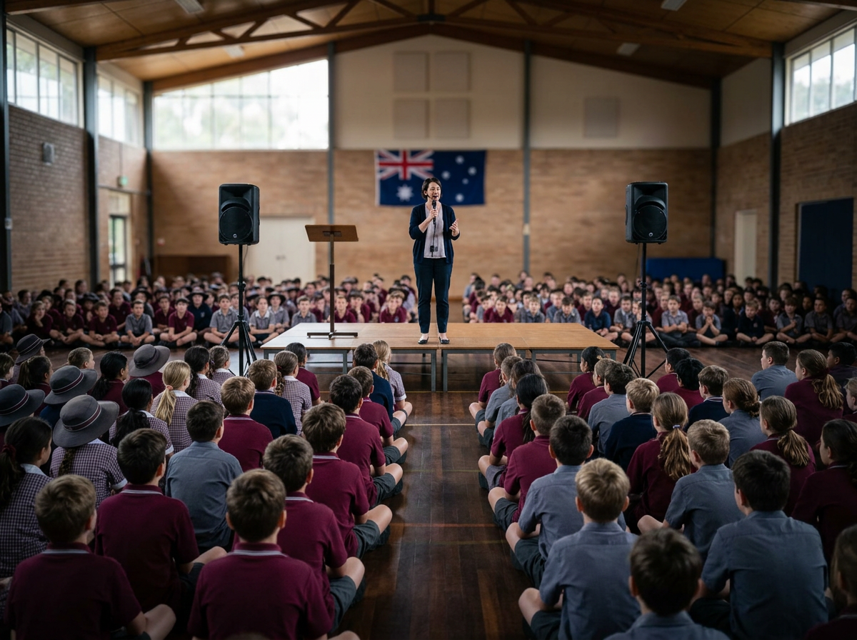 Teacher using a wireless headset microphone at a school assembly with PA speakers