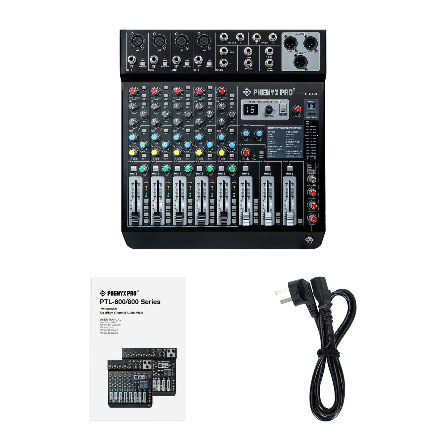 Phenyx Pro PTL-600 - Black - Professional 6-Channel Audio Mixer - Flat Lay View of Complete Set
