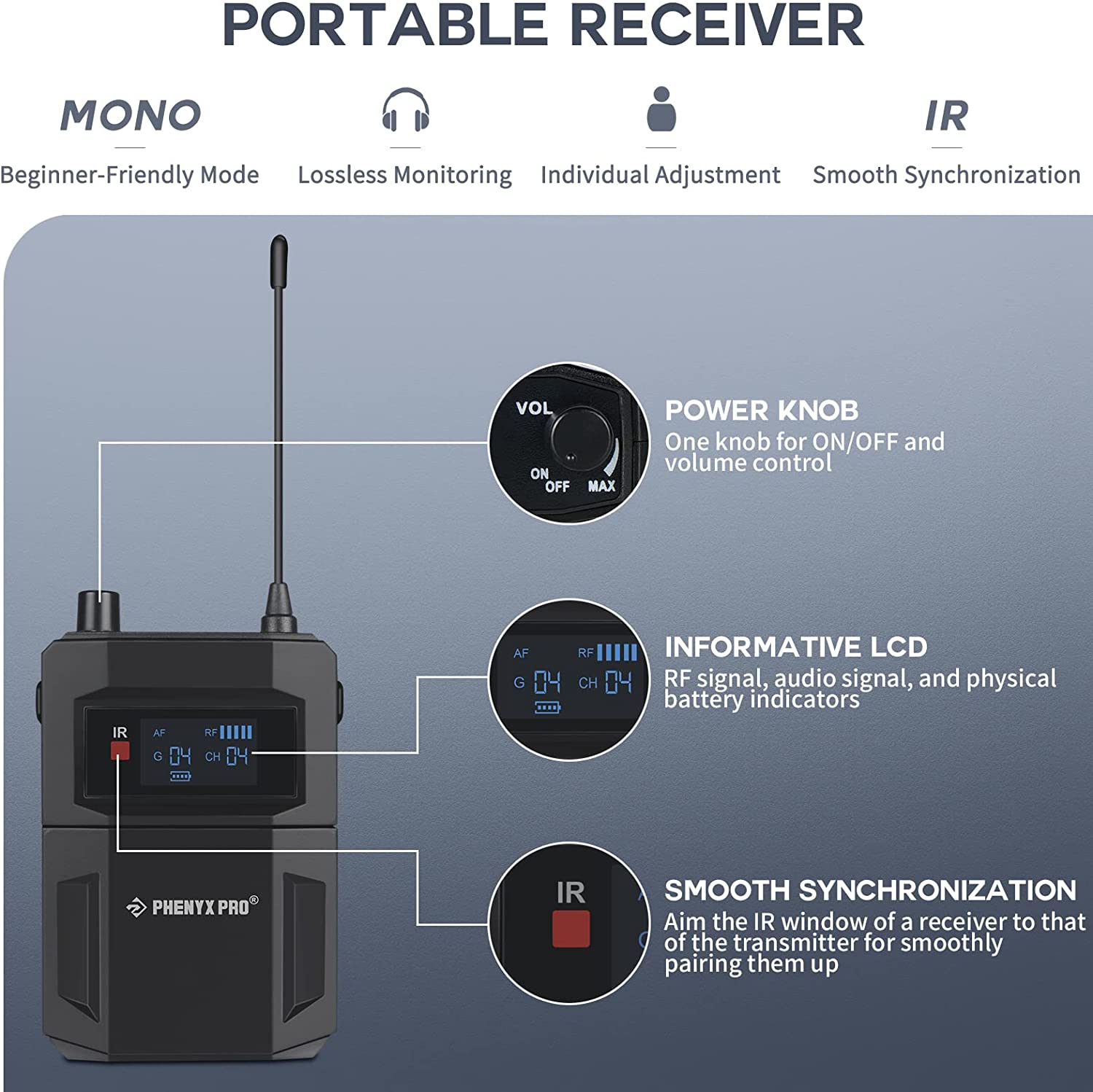 PMR-2 | Mono Wireless IEM Bodypack Receiver  for PTM-11/22/33 (900MHz), System Parts, Phenyx Pro at MSMAV