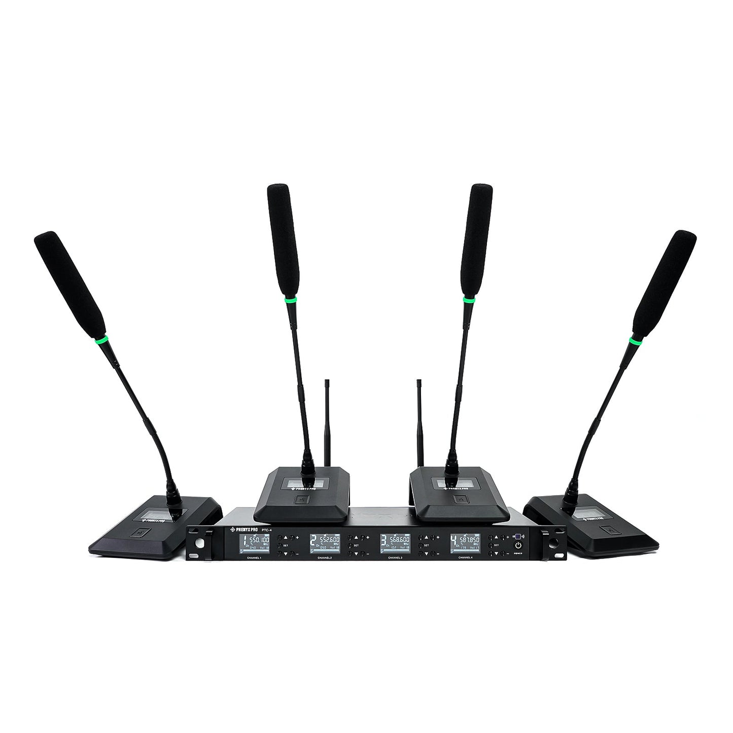 PTC-4 - Black - Quad Channel Wireless Conference Microphone System w/ 4 Gooseneck Mics - Front - Phenyx Pro 