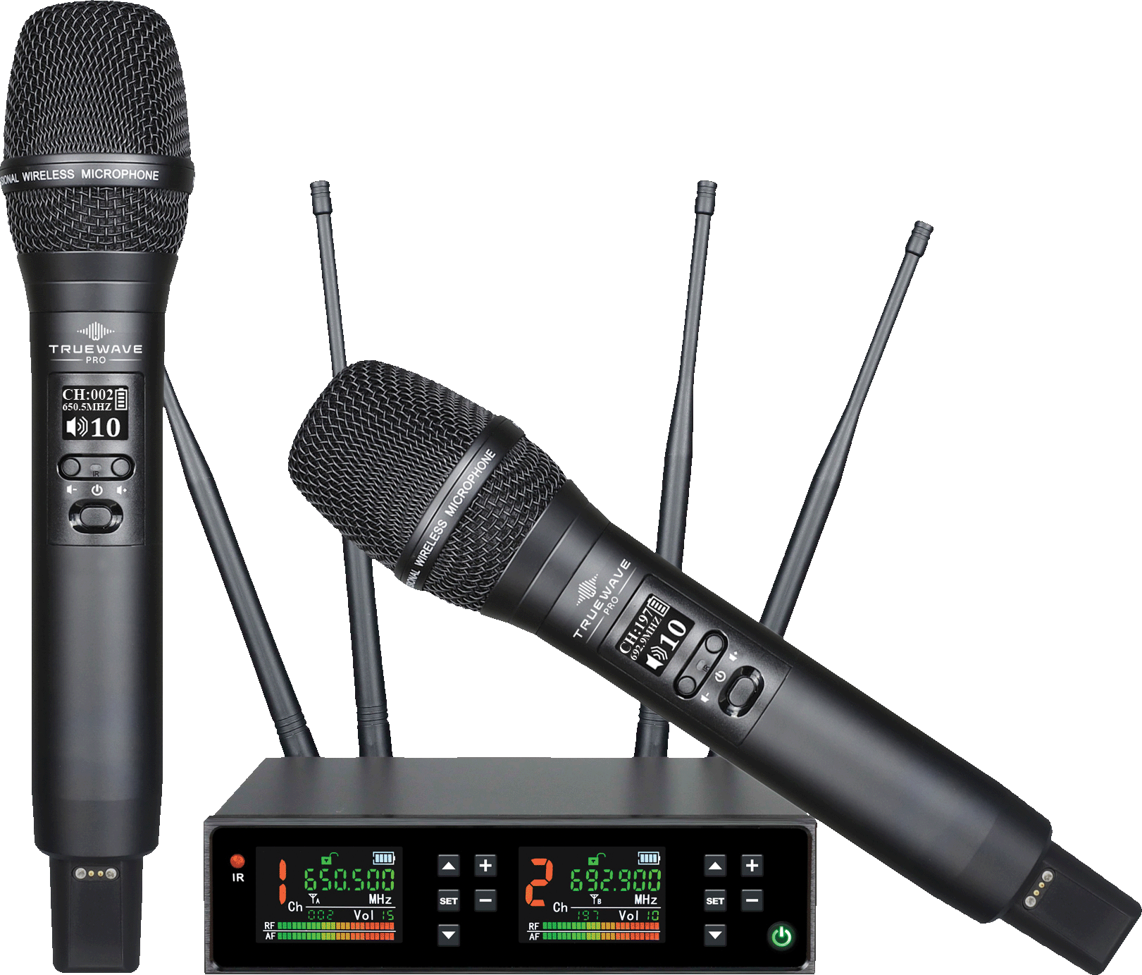 TrueWave Pro AIR-B2 dual-channel receiver with two rechargeable handheld wireless microphones