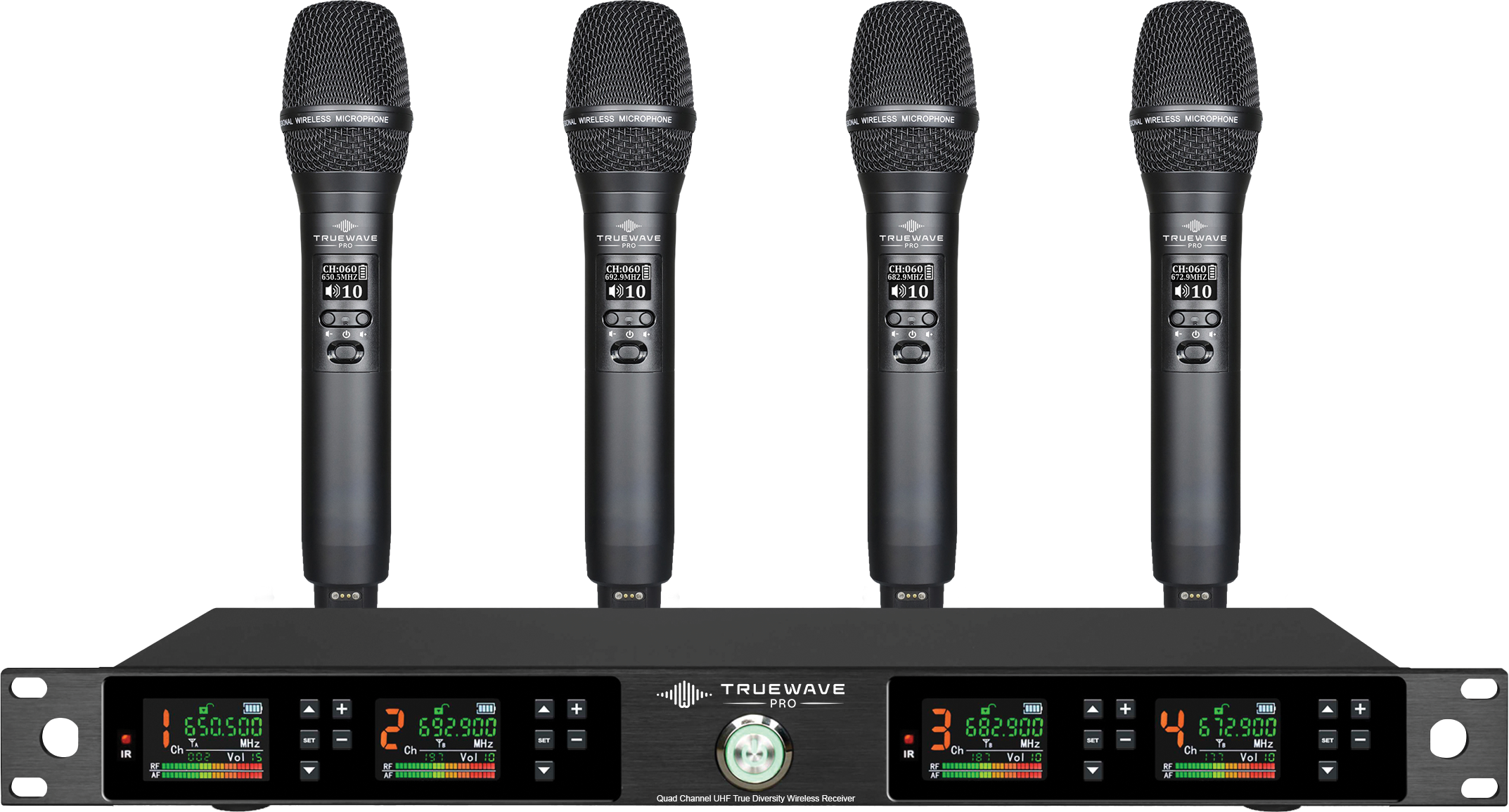 TrueWave Pro AIR-B4 1U quad-channel receiver with four rechargeable handheld wireless microphones