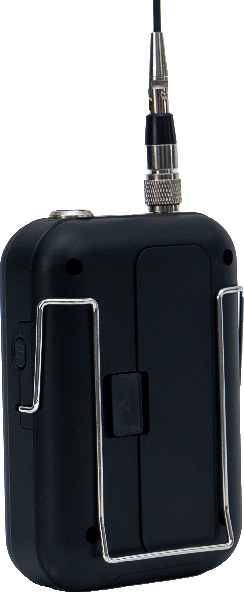 Back of the AIR-BX-B1 bodypack showing the belt clip and battery door