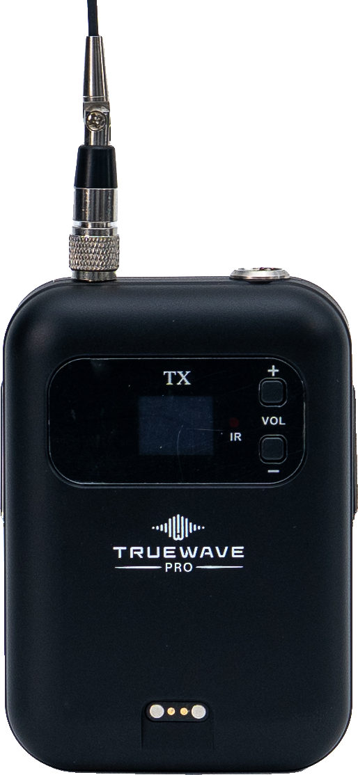 Front of the AIR-BX-B1 bodypack with OLED screen and volume buttons