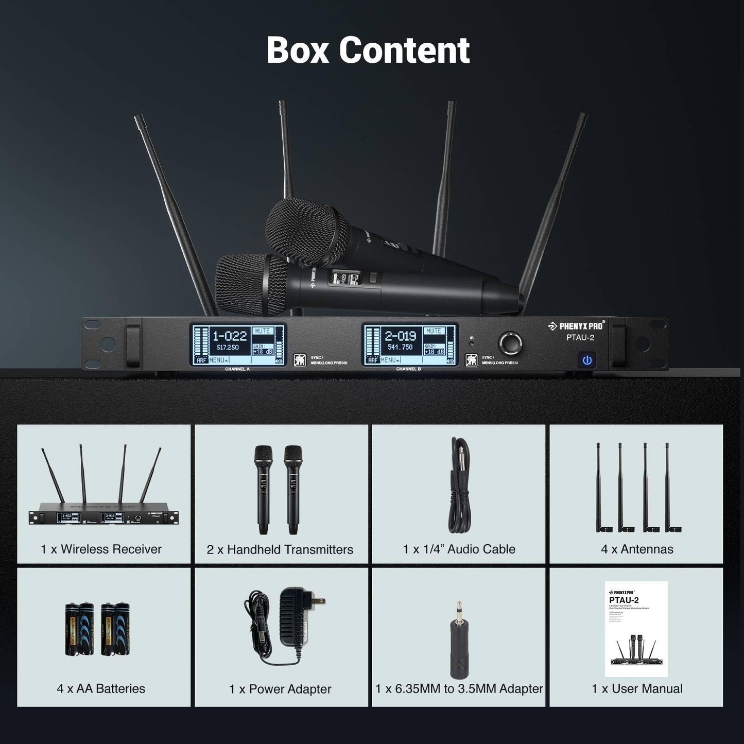 PTAU-2 | Dual-Channel Wireless Dynamic Mic System w/ Spectrum Analyzer - MSM AV - MSMAV